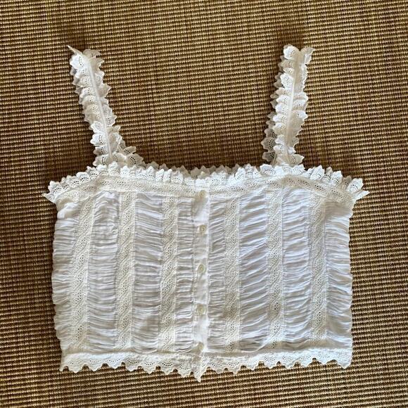 Doen Tops - Doen Ari Cotton Ruched Scallop Ruffle Button Eyelet Cami Tank Crop Top Salt